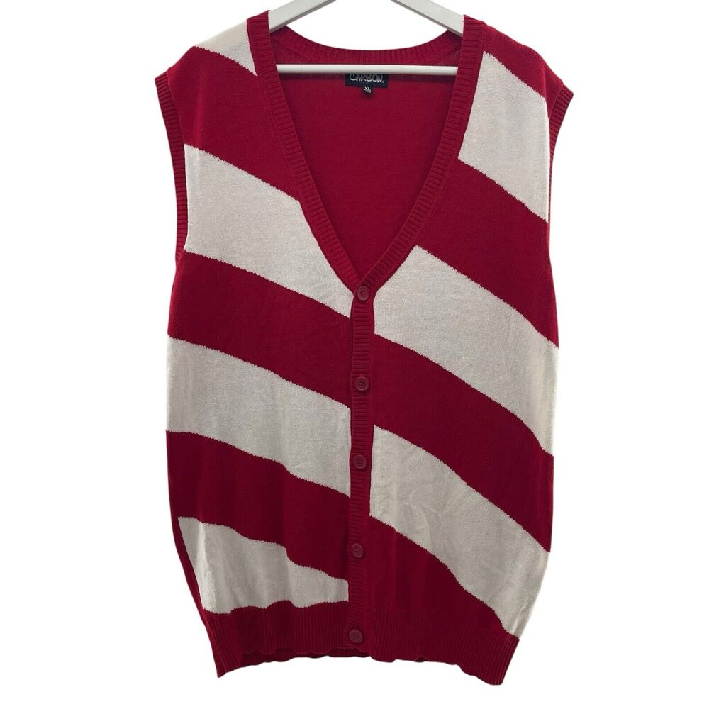 Carbon Y2K Sz XL Sweater Vest Cardigan V-Neck Vertical Striped Red White Holiday